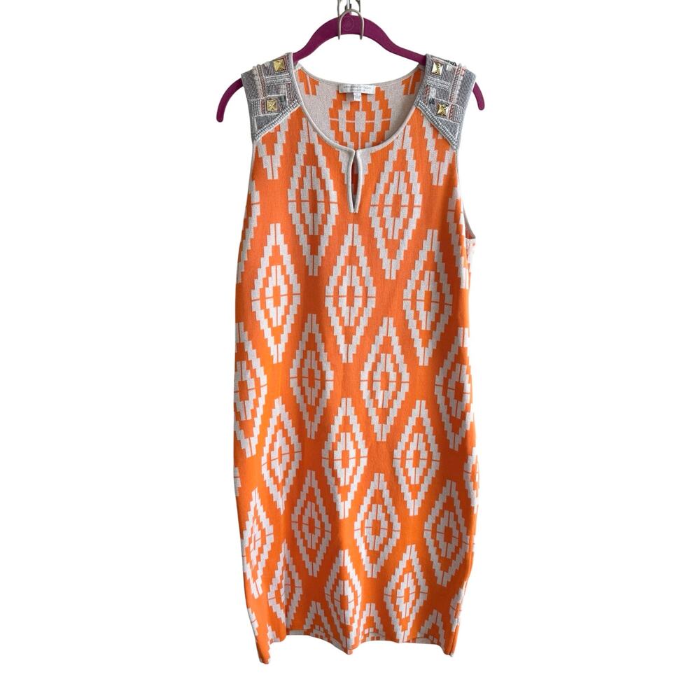 Adrienne Vittadini Collection Orange Silver Ikat Knit Dress Beading Size L